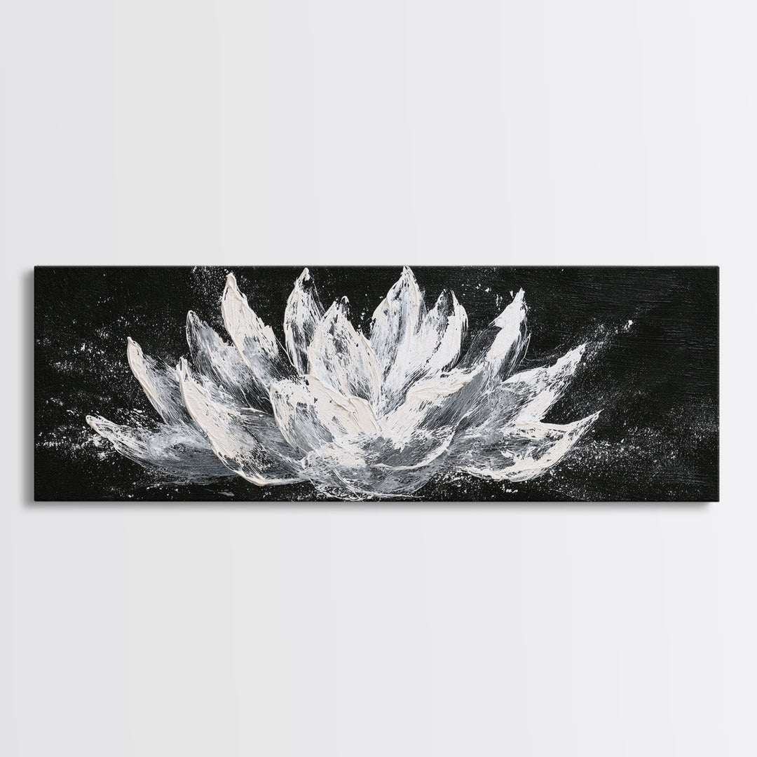 Black And White Lotus Flower Canvas Print, Textured Floral Painting, Minimalist Spa Decor, Elegant Modern Bathroom Wall Art