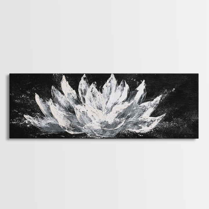 Black And White Lotus Flower Canvas Print, Textured Floral Painting, Minimalist Spa Decor, Elegant Modern Bathroom Wall Art