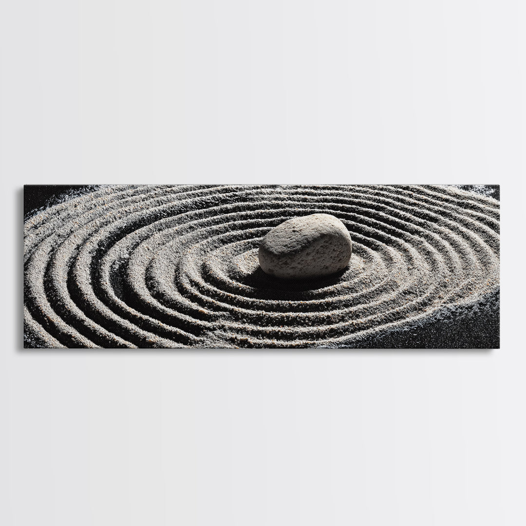 Zen Sand Garden With Center Stone Wall Art, Black And White Minimalist Decor, Japandi Meditation Print For Spa Room, Home Decor