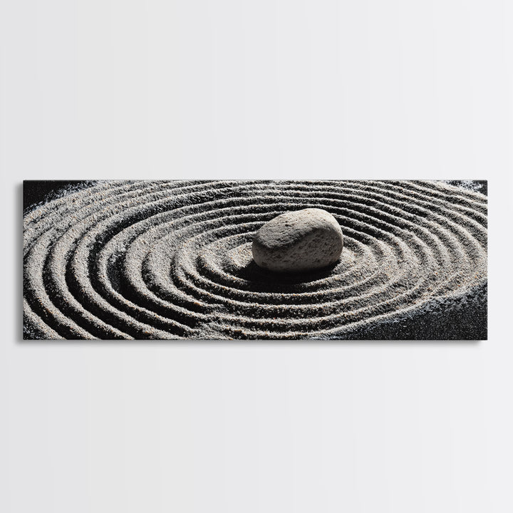 Zen Sand Garden With Center Stone Wall Art, Black And White Minimalist Decor, Japandi Meditation Print For Spa Room, Home Decor