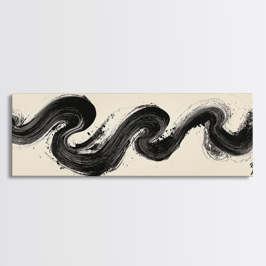 Abstract Black Ink Wave Brushstroke Wall Art, Minimalist Japanese Canvas Print, Zen Calligraphy Decor For Modern Home Wall Decor