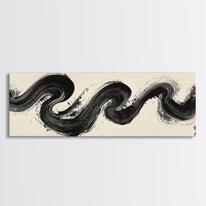 Abstract Black Ink Wave Brushstroke Wall Art, Minimalist Japanese Canvas Print, Zen Calligraphy Decor For Modern Home Wall Decor
