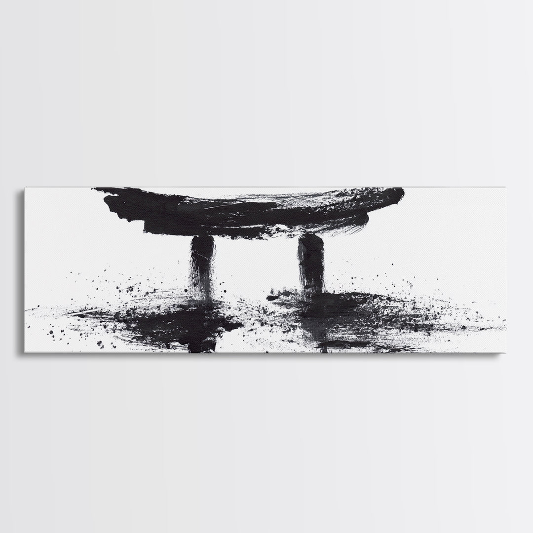 Black Ink Japanese Torii Gate Wall Art, Minimalist Canvas Print, Zen Calligraphy Decor, Black And White Japandi Office Wall Decor