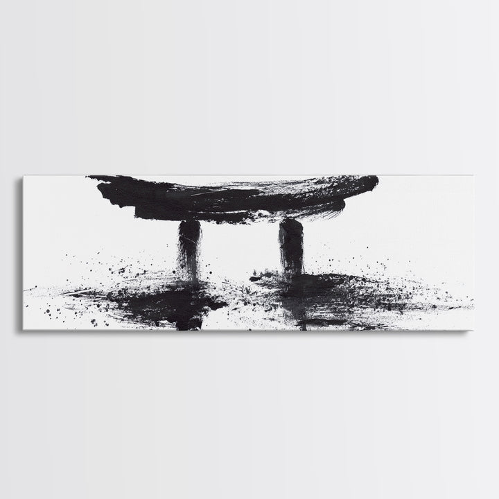 Black Ink Japanese Torii Gate Wall Art, Minimalist Canvas Print, Zen Calligraphy Decor, Black And White Japandi Office Wall Decor