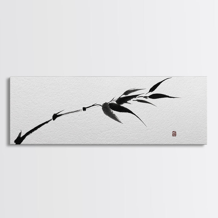 Minimalist Black Bamboo Ink Branch Wall Art, Japanese Zen Canvas Print, Monochrome Botanical Decor, Wabi Sabi Office Art
