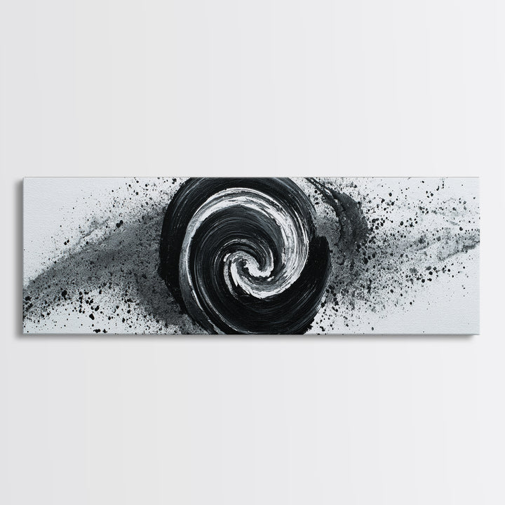 Black And White Spiral Wall Art, Abstract Ink Brush Circle Canvas Print, Monochrome Modern Office Decor, Minimalist Art Print