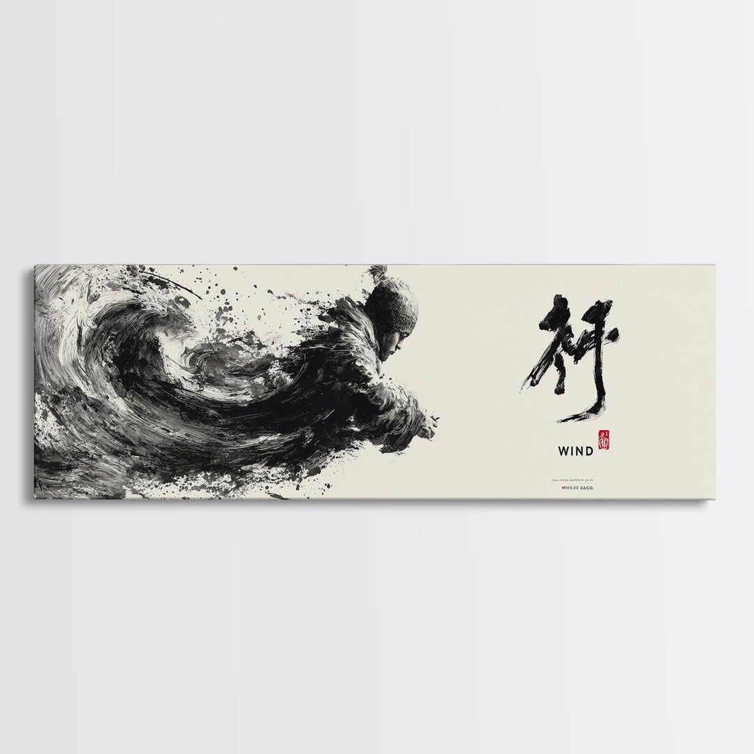 Black Ink Wind Wave Wall Art, Japanese Calligraphy Canvas Print, Minimalist Zen Decor, Black And White Office Print, Martial Arts Home Decor