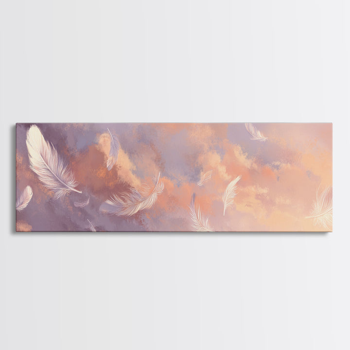 Floating White Feathers Canvas Print, Pastel Sky Wall Art, Dreamy Cloud Decor, Calming Bedroom Or Nursery Artwork Gift For Her