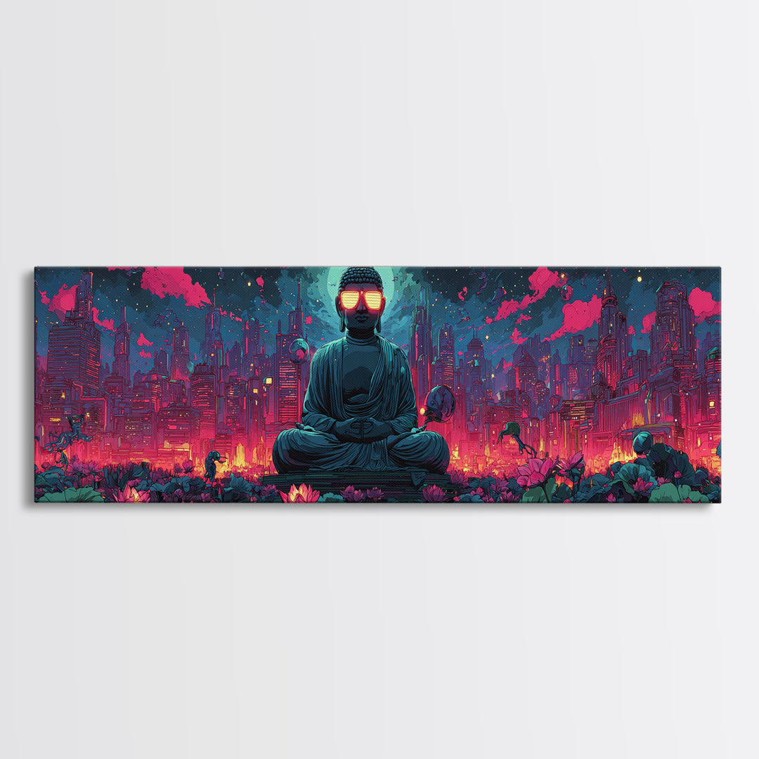 Neon Cyberpunk Buddha City Canvas Print, Futuristic Wall Art, Meditation Decor, Lotus Garden, Gaming Room Poster, Sci Fi Home Decor