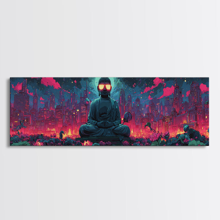 Neon Cyberpunk Buddha City Canvas Print, Futuristic Wall Art, Meditation Decor, Lotus Garden, Gaming Room Poster, Sci Fi Home Decor