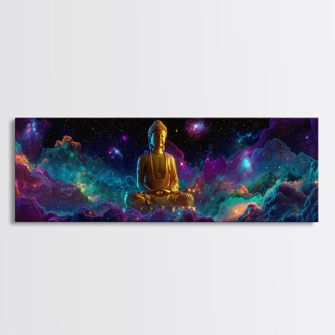 Golden Buddha In Cosmic Nebula Clouds Wall Art, Meditation Room Decor, Spiritual Canvas, Yoga Studio, Celestial Print Gift
