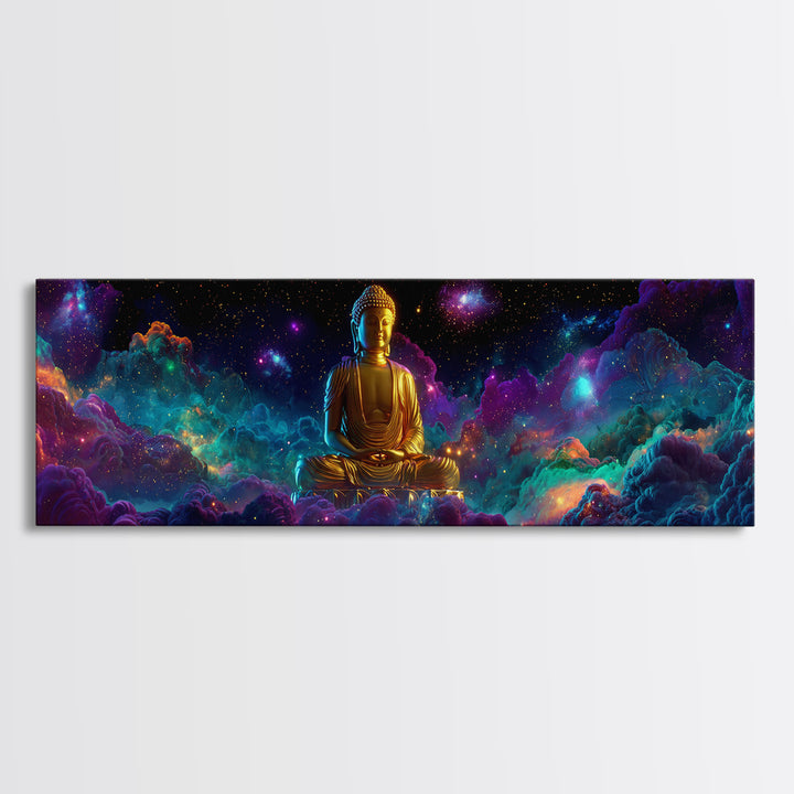 Golden Buddha In Cosmic Nebula Clouds Wall Art, Meditation Room Decor, Spiritual Canvas, Yoga Studio, Celestial Print Gift