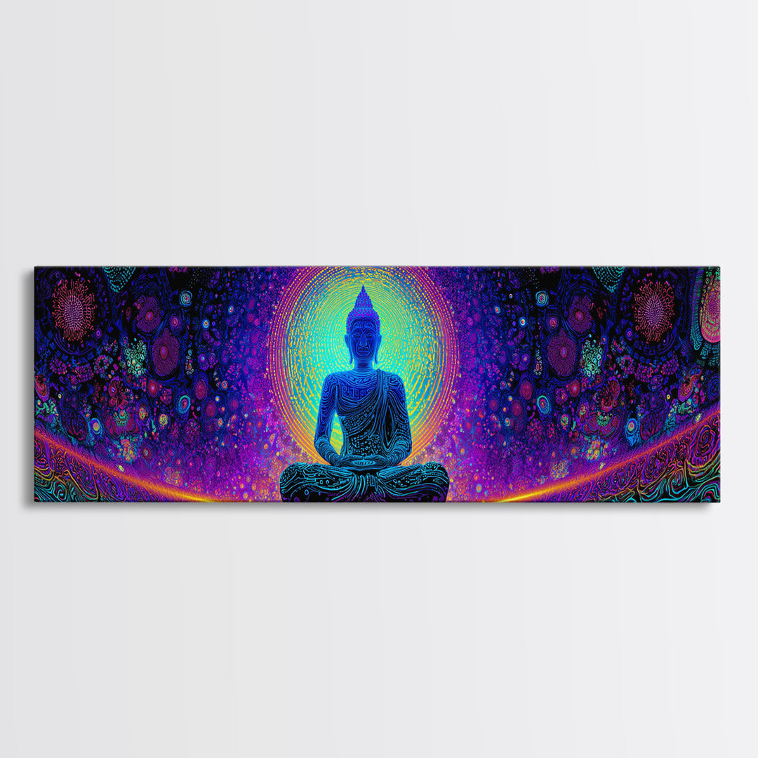 Psychedelic Buddha Mandala Wall Art, Rainbow Meditation Decor, Spiritual Canvas Print, Yoga Studio, Maximalist Wall Decor