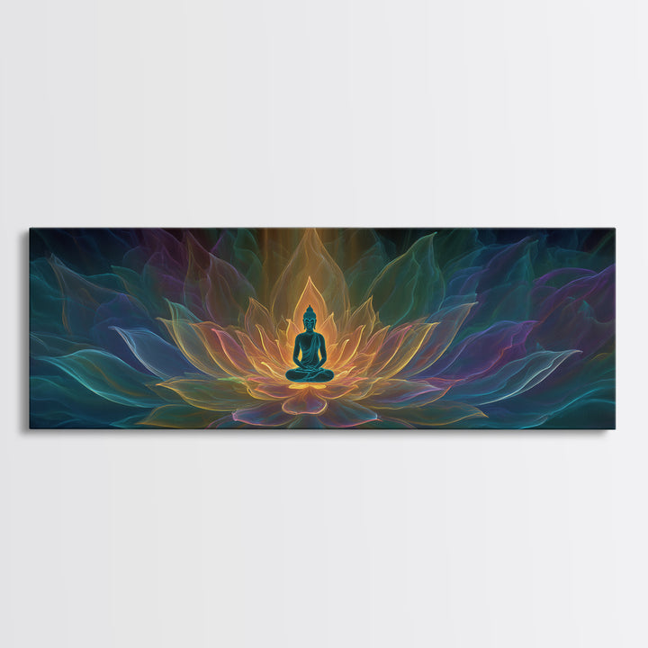 Glowing Buddha Lotus Meditation Canvas Print, Spiritual Zen Wall Decor, Yoga Room Art, Sacred Geometry, Calming Home Decor