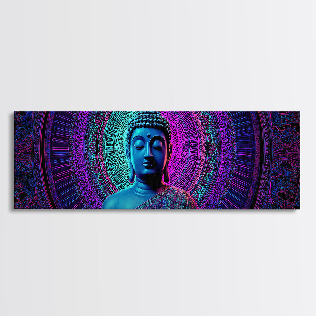 Neon Blue Buddha Meditation Wall Art, Framed Canvas Print, Zen Spiritual Decor, Mandala Yoga Room And Calming Spa Wall Decor