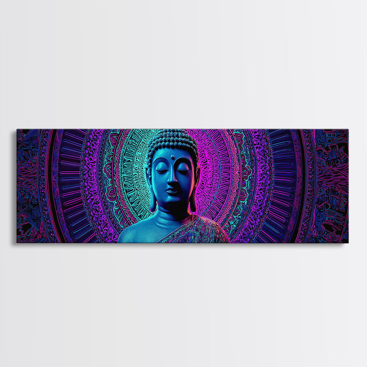 Neon Blue Buddha Meditation Wall Art, Framed Canvas Print, Zen Spiritual Decor, Mandala Yoga Room And Calming Spa Wall Decor
