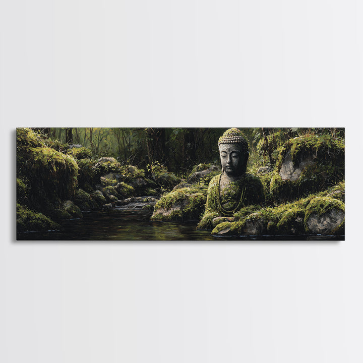 Mossy Buddha Forest Stream Wall Art, Zen Meditation Canvas Print For Spa Decor, Japandi Bathroom Decor And Nature Wall Art