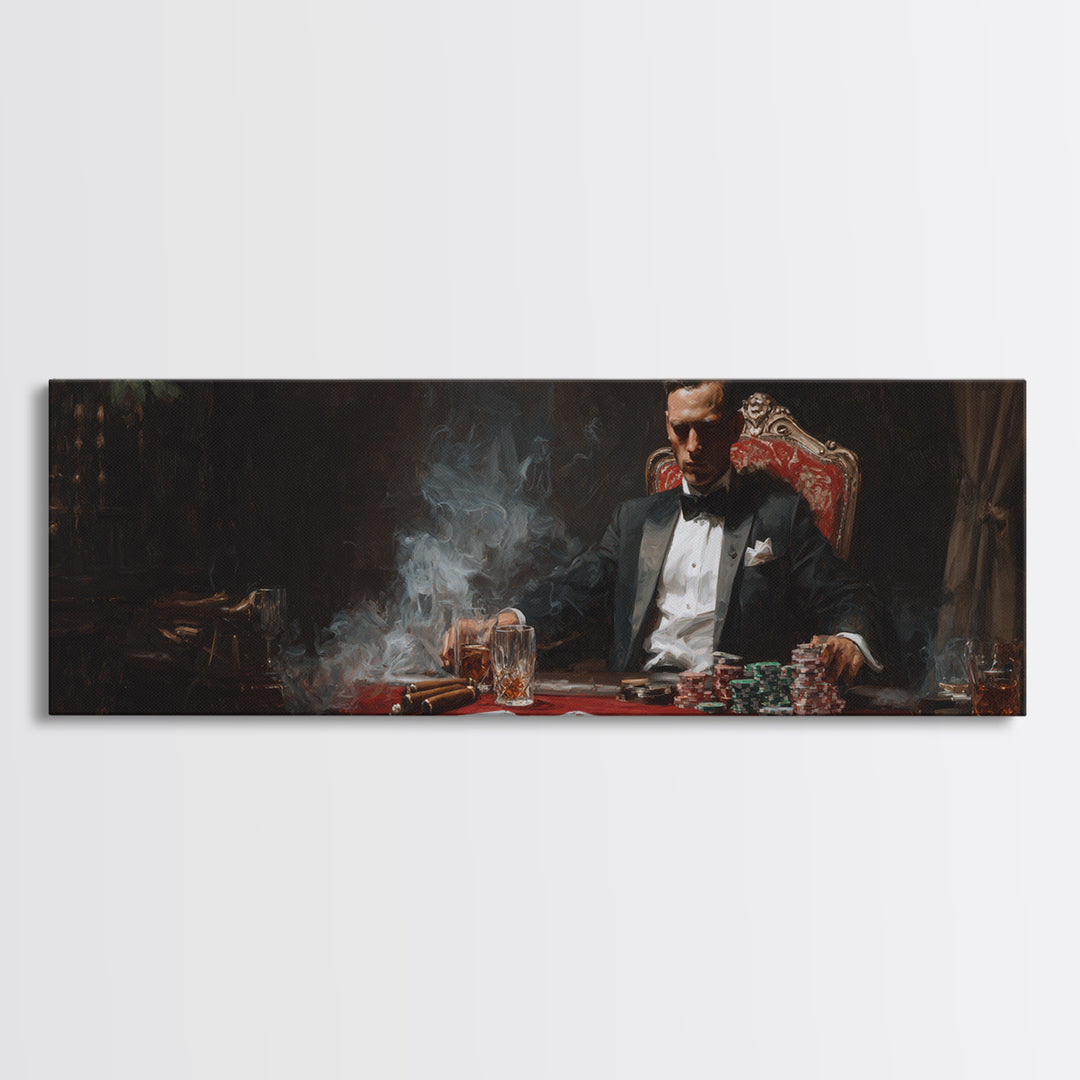 Moody Tuxedo Poker Player Framed Canvas Print, Casino Wall Art, Speakeasy Decor, Man Cave, Dark Academia Gift For Him Wall Decor