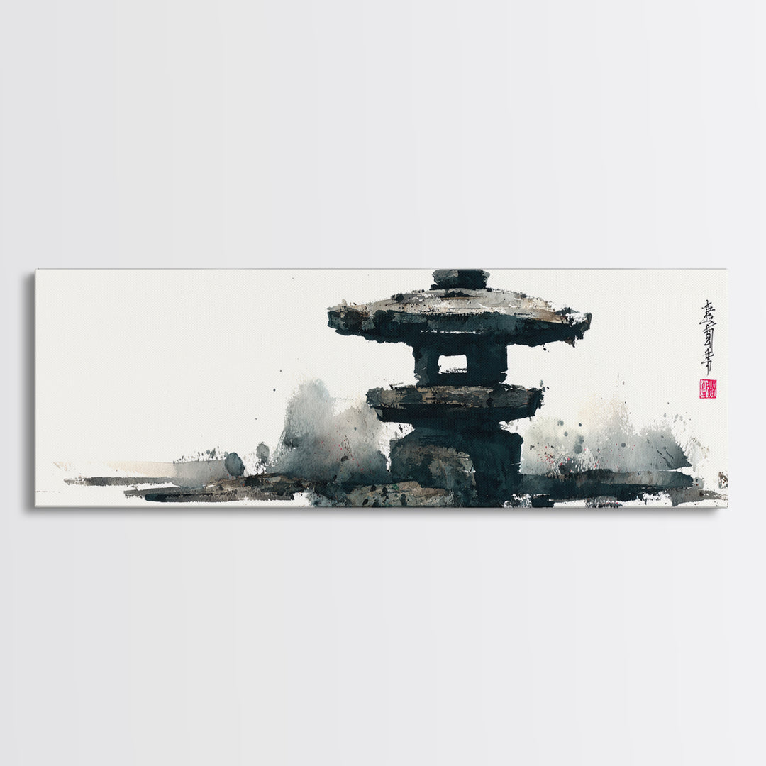 Minimal Japanese Pagoda Ink Wash Wall Art, Zen Framed Canvas Print For Japandi Decor, Asian Wall Decor And Meditation Room