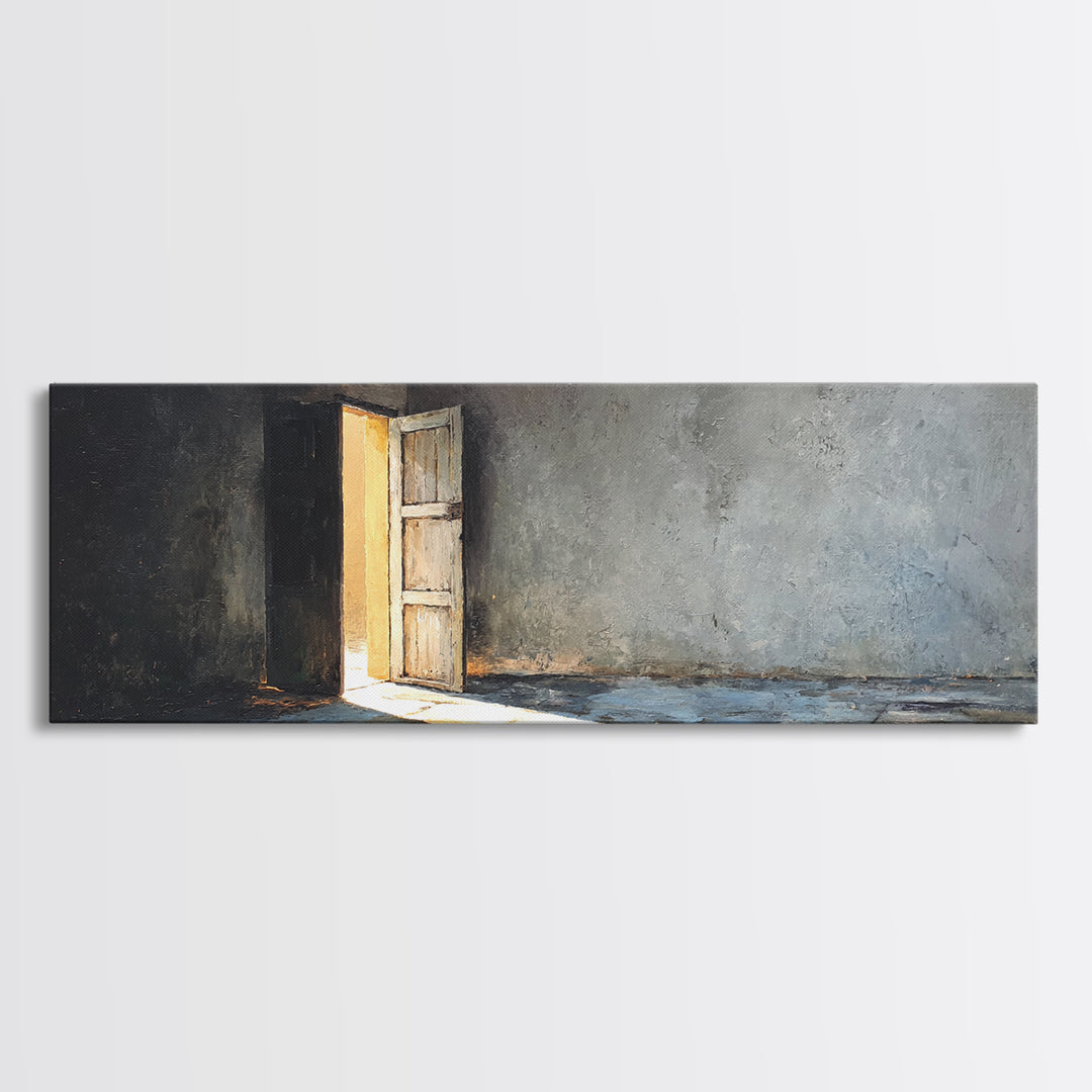 Sunlit Open Door In Moody Concrete Room Wall Art, Wabi Sabi Minimalist Print, Textured Neutral Decor For Living Room, Home Decor