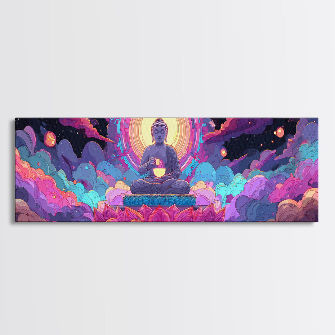 Radiant Buddha Lotus Meditation Canvas Print, Psychedelic Celestial Wall Art For Yoga Studio, Spiritual Home Decor Print