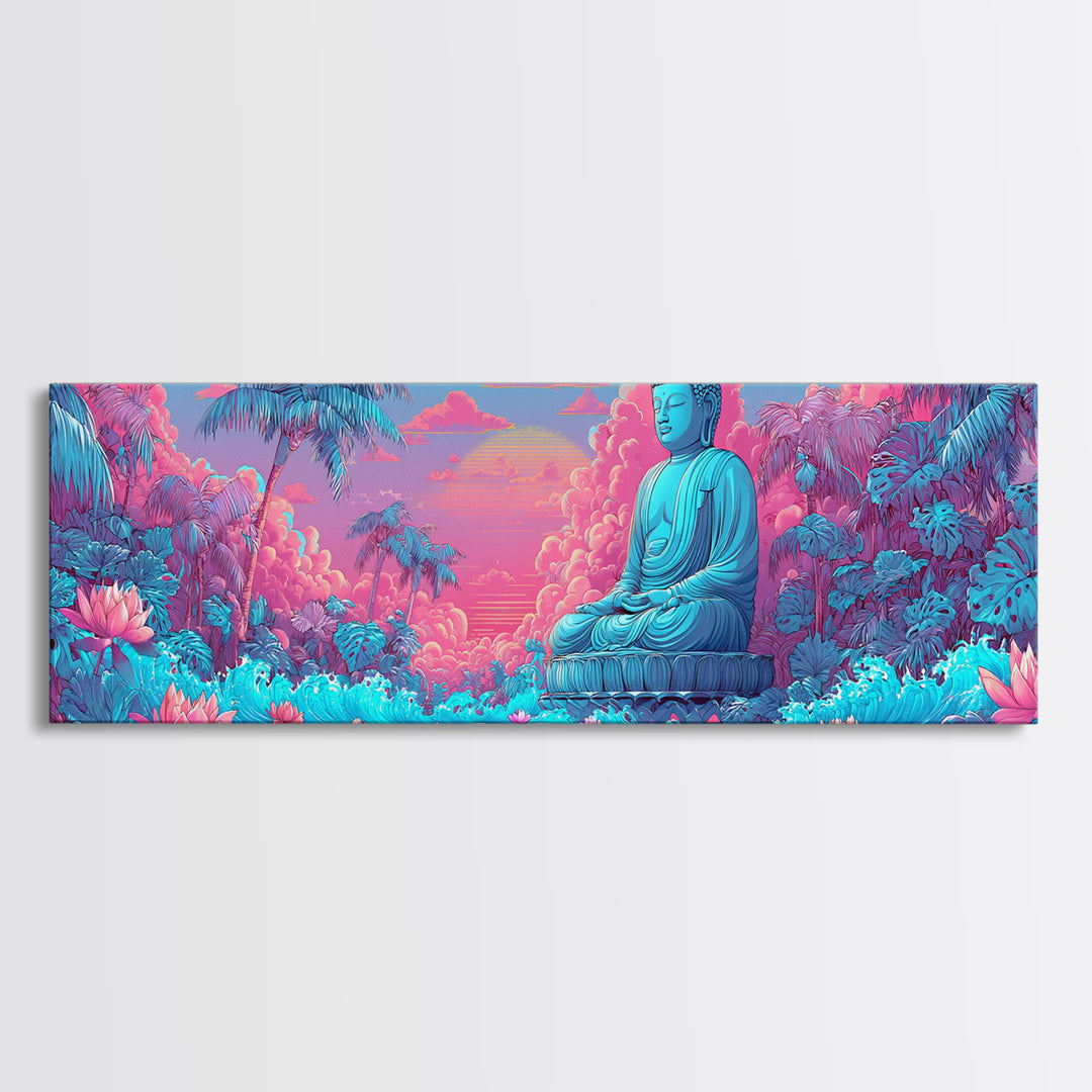 Pink Blue Buddha Garden Wall Art, Zen Meditation Canvas Print, Lotus Flower Spiritual Decor, Tropical Calming Room Art Print