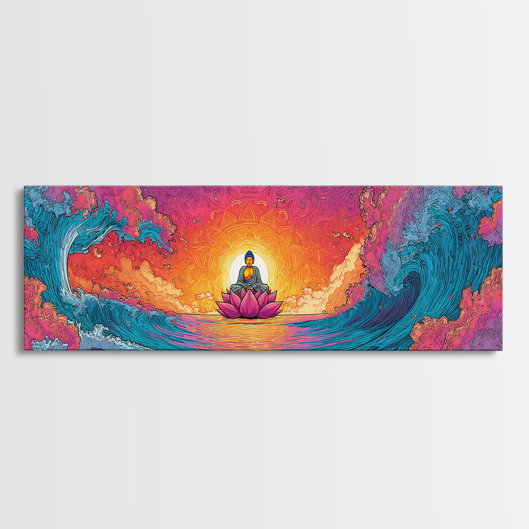 Pixel Buddha On Lotus Waves Wall Art, Celestial Meditation Canvas Print, Zen Yoga Room Decor, Vibrant Spiritual Gift For Home Decor