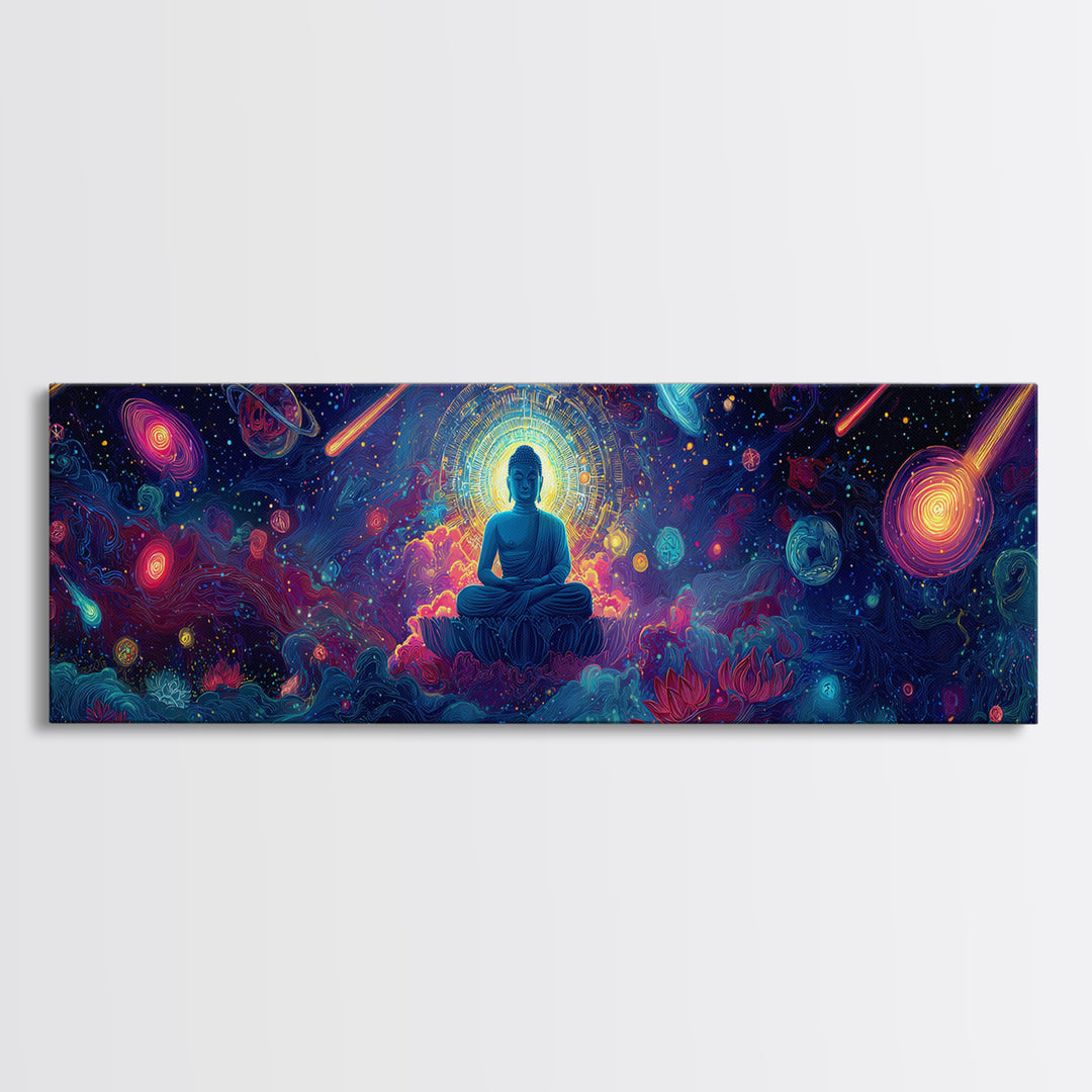 Cosmic Meditating Buddha In Galaxy Clouds Wall Art, Celestial Art, Psychedelic Space Decor, Spiritual Canvas Print, Zen Home Decor