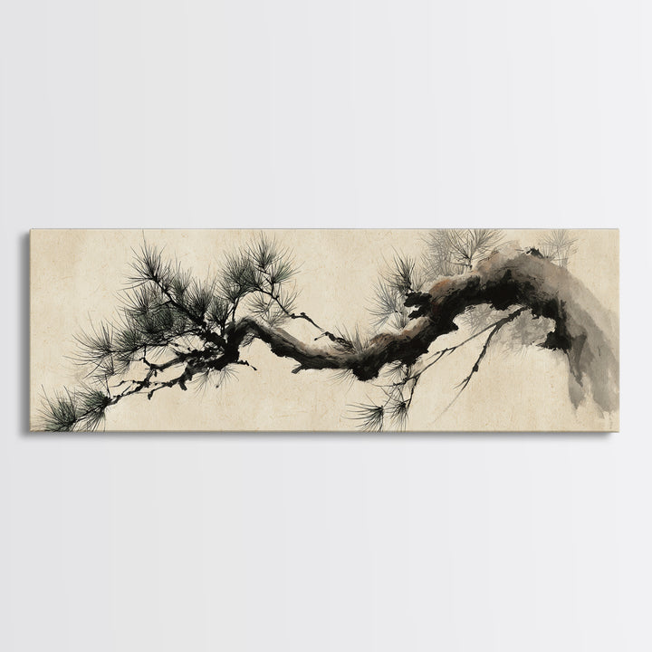 Japanese Ink Pine Branch Wall Art, Minimalist Zen Canvas Print, Asian Botanical Decor, Wabi Sabi Living Room Art, Home Decor
