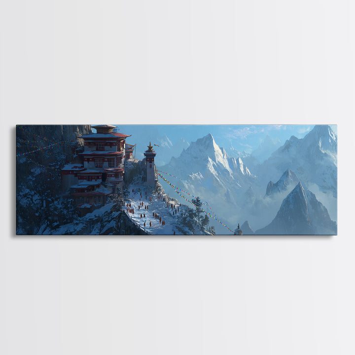 Himalayan Mountain Monastery Framed Canvas Print, Asian Landscape Art, Buddhist Wall Art, Travel Poster, Meditation Room Decor