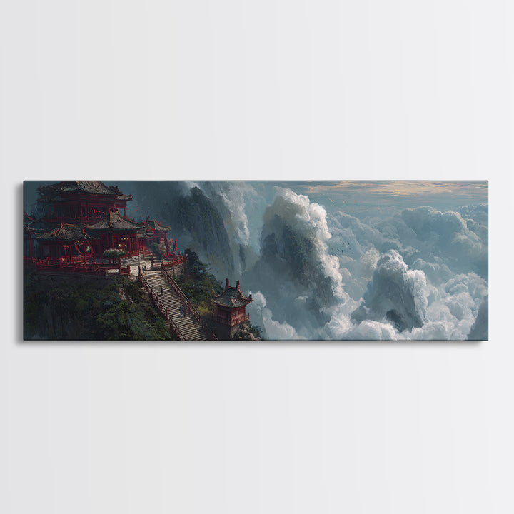 Cloud Temple Mountain Wall Art, Asian Pagoda Fantasy Landscape, Zen Home Decor Framed Canvas Print, Large Living Room Art