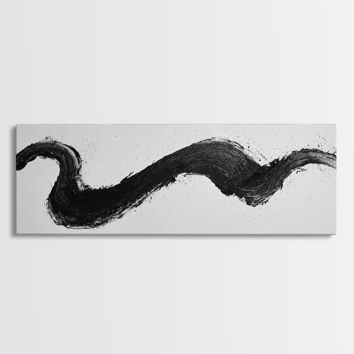 Black Brushstroke Abstract Wall Art, Minimalist Ink Canvas Print, Black And White Modern Office Decor, Horizontal Wall Art
