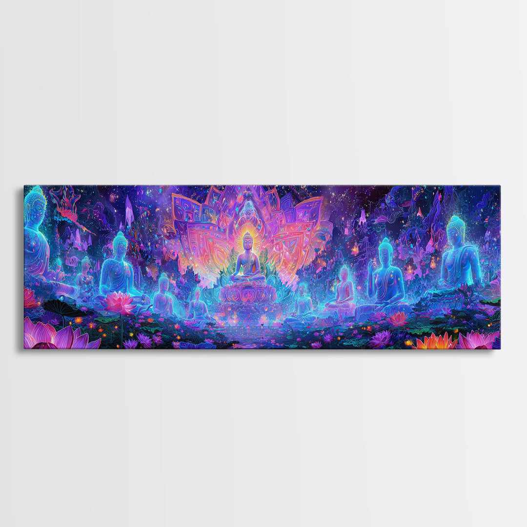 Glowing Lotus Buddha Meditation Wall Art, Psychedelic Spiritual Canvas Print, Yoga Studio Decor, Celestial Mindfulness Gift