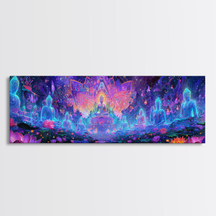 Glowing Lotus Buddha Meditation Wall Art, Psychedelic Spiritual Canvas Print, Yoga Studio Decor, Celestial Mindfulness Gift