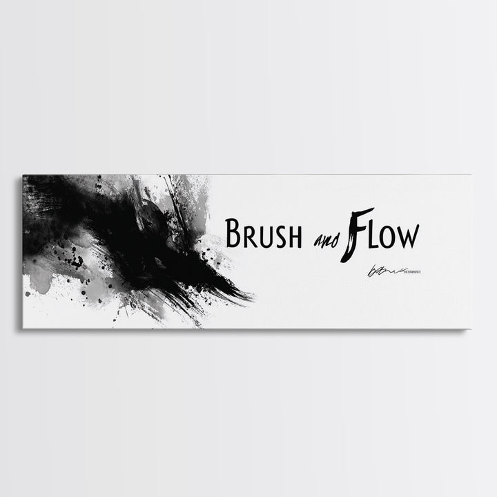 Brush And Flow Black Ink Canvas Print, Abstract Calligraphy Wall Art, Minimalist Black And White Office Wall Decor Print