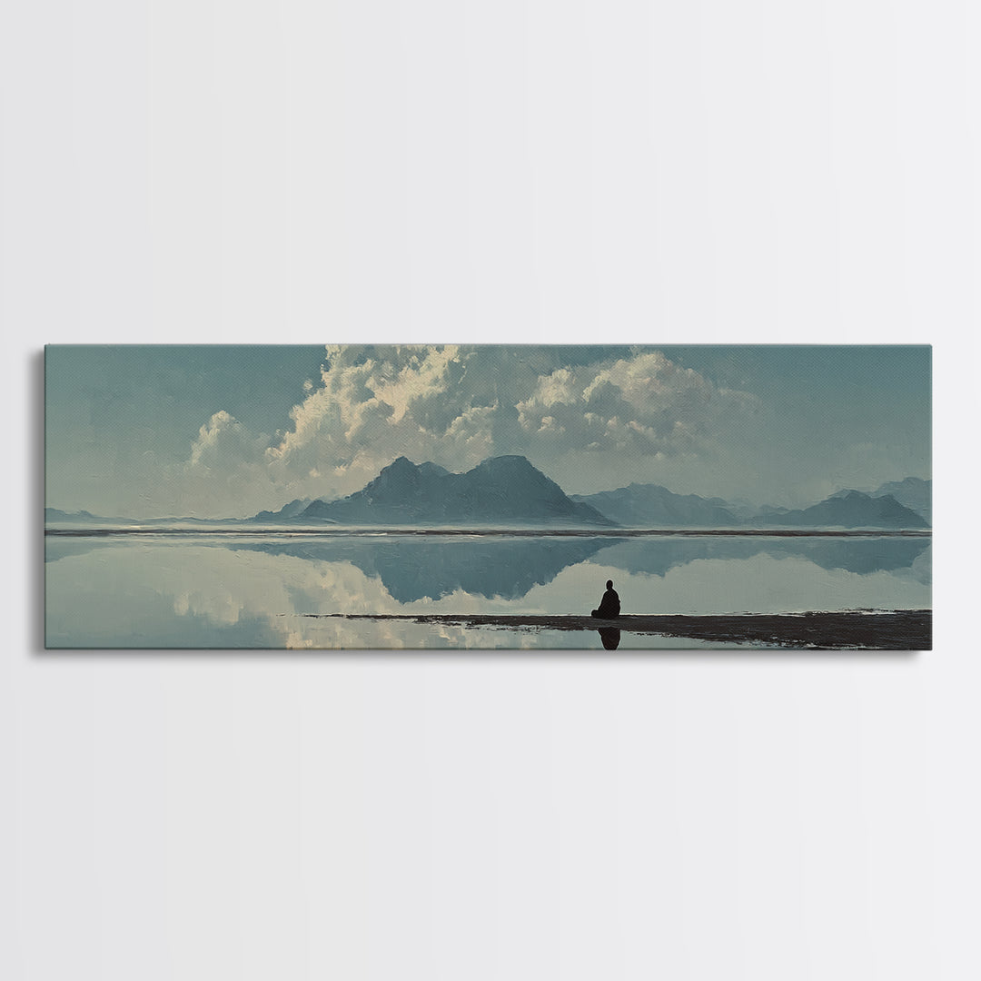 Quiet Mountain Lake Reflection With Lone Figure, Minimalist Wall Art, Landscape Canvas Print, Neutral Living Room Decor
