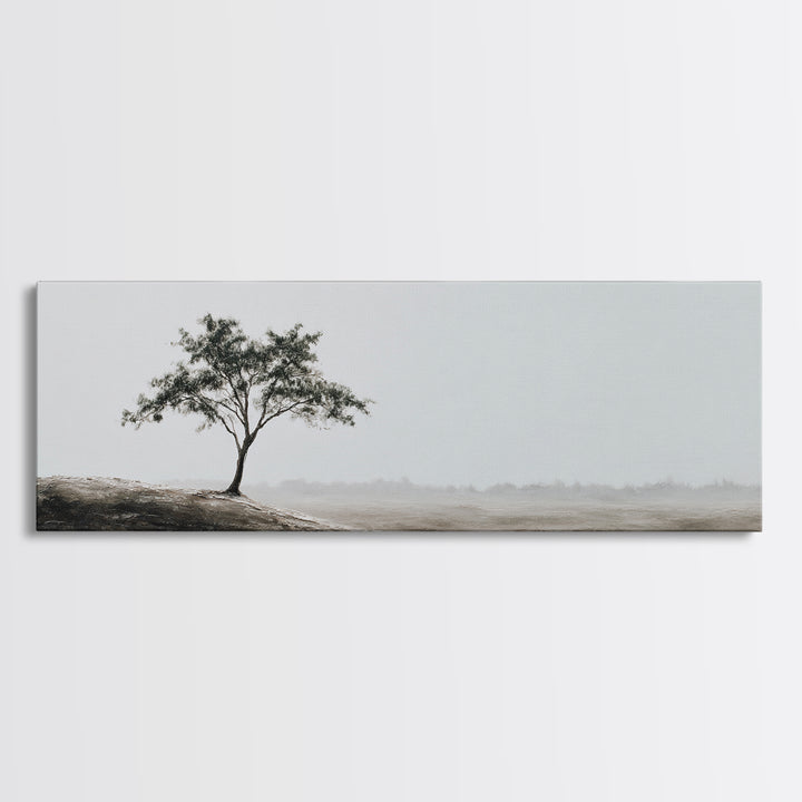 Lone Tree Misty Minimalist Wall Art, Black And White Landscape Print, Neutral Wall Decor, Japandi Office Art, Calming Decor