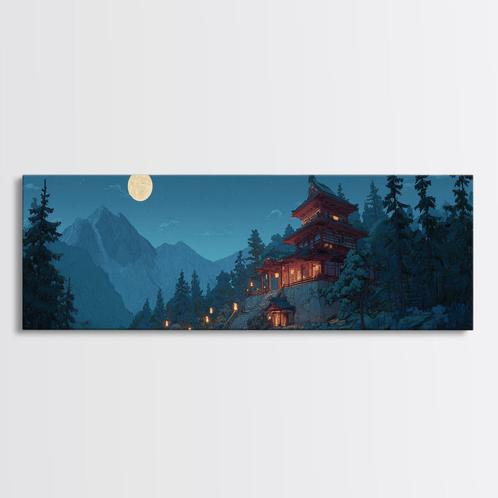 Moonlit Japanese Pagoda In Snowy Pines Wall Art, Japandi Mountain Landscape Canvas Print, Zen Decor, Serene Winter Home Decor