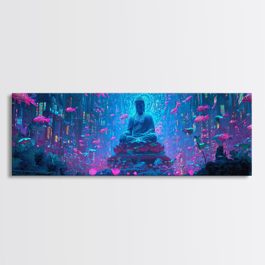 Neon Buddha Fish Temple Canvas Print, Zen Cyberpunk Wall Art, Meditation Room Decor, Futuristic Spiritual Wall Art Print