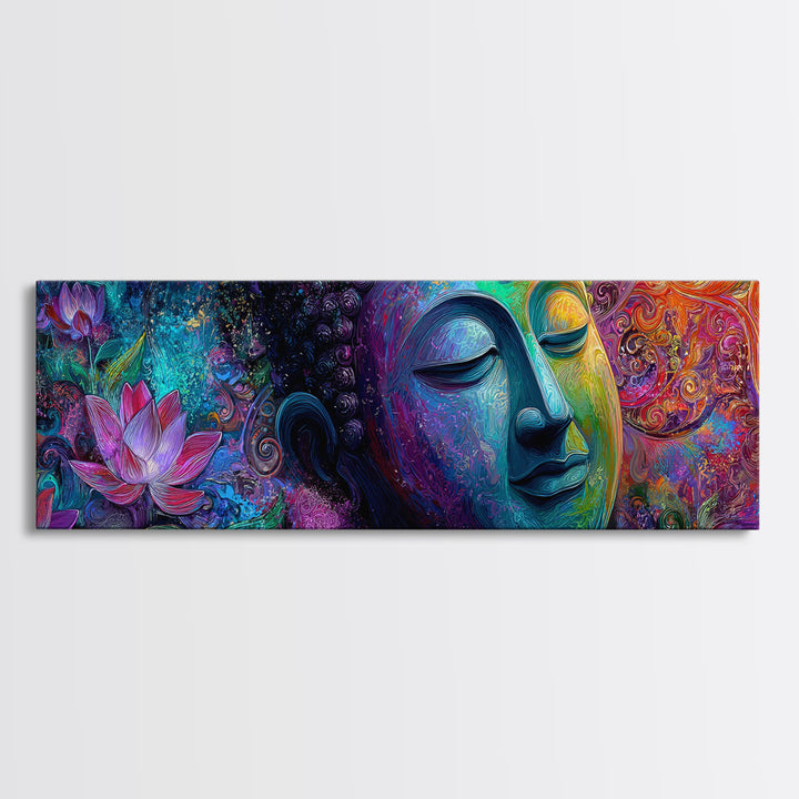 Vibrant Buddha With Lotus Framed Canvas Print, Psychedelic Spiritual Wall Art, Meditation Decor, Colorful Yoga Room Art Print
