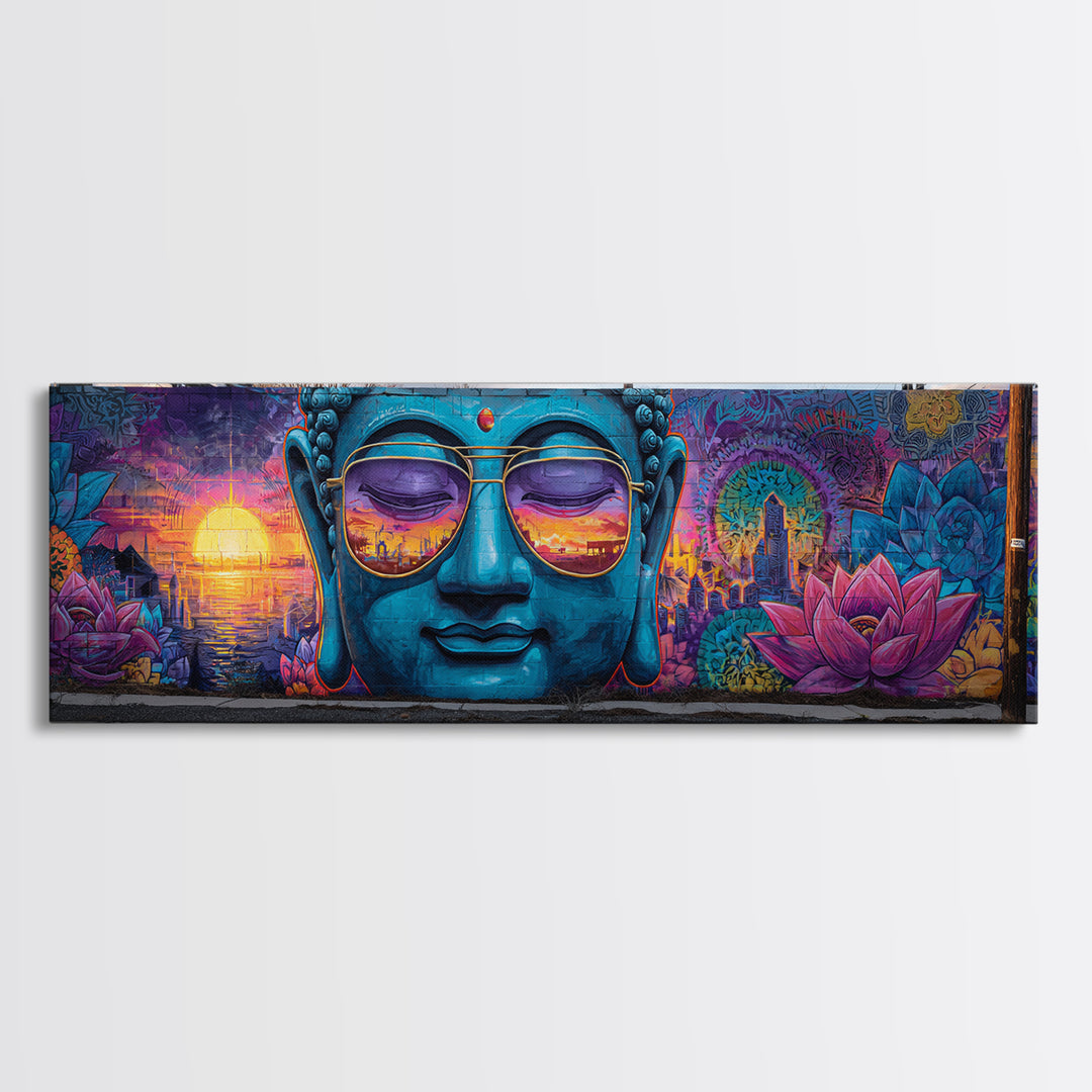 Buddha Mural With Sunset Sunglasses Wall Art, Urban Graffiti Canvas Print, Meditation Decor, Lotus Street Art, Calming Zen Gift