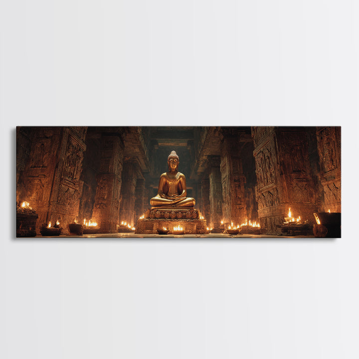 Golden Buddha In Candlelit Temple Framed Canvas Print, Spiritual Meditation Wall Art, Zen Spa Decor For Prayer Room And Yoga Room