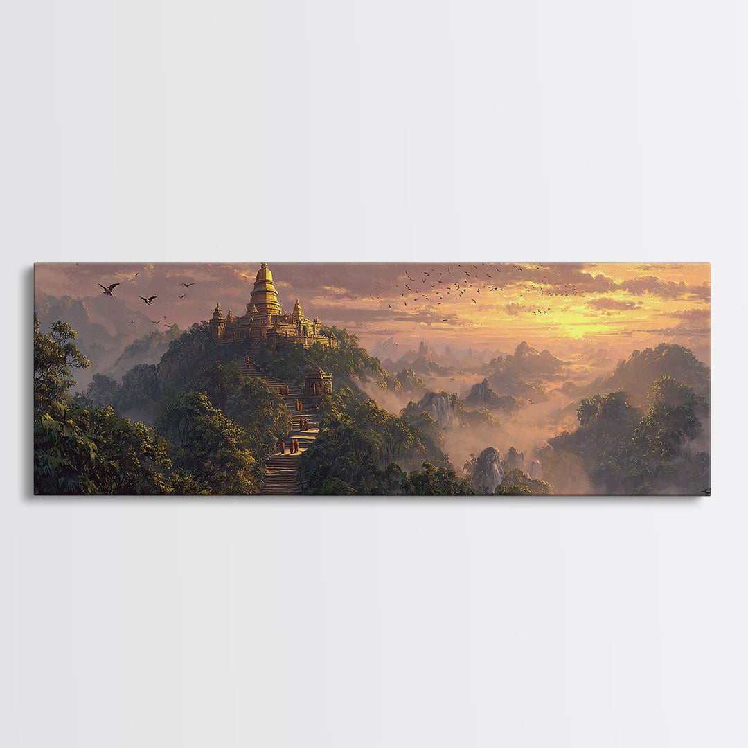 Golden Mountain Pagoda Temple Wall Art, Asian Jungle Sunrise Canvas, Spiritual Landscape Print, Meditation Room Decor, Zen Home Decor