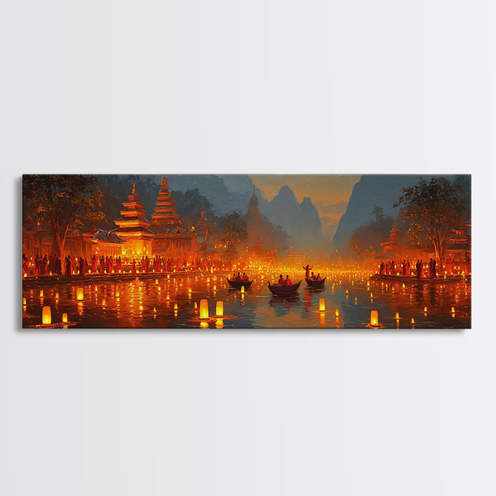 Glowing Lantern Festival Wall Art, Asian River Temple Canvas Print, Magical Night Landscape, Travel Inspired Home Decor Print