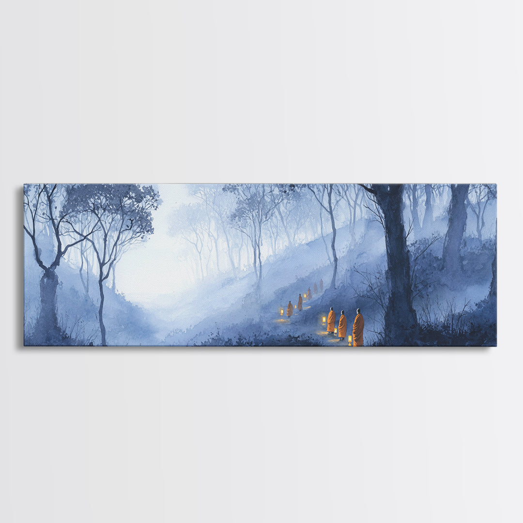 Misty Blue Enchanted Forest Wall Art, Hooded Lantern Path Fantasy Landscape, Dark Academia Decor, Gothic Canvas Print Gift