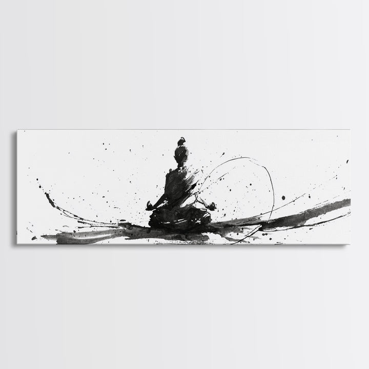 Minimalist Ink Meditation Figure Wall Art, Black And White Zen Canvas Print, Mindfulness Decor For Yoga Studio And Office