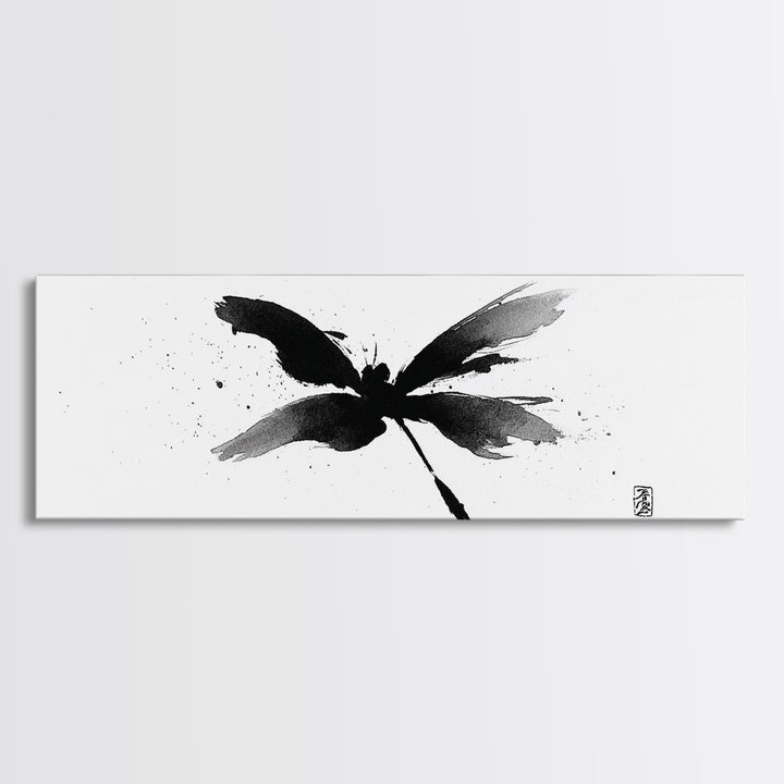 Black Ink Dragonfly Wall Art, Minimalist Japanese Brush Painting, Zen Decor, Black And White Art, Horizontal Canvas Print