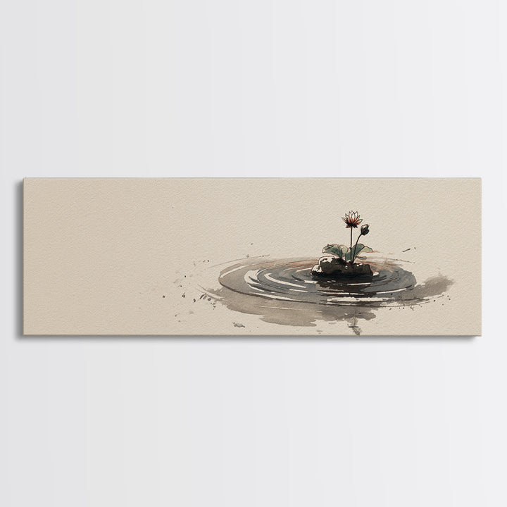 Minimal Zen Water Ripple With Tiny Flower Canvas Print, Wabi Sabi Wall Art, Japandi Decor, Neutral Minimalist Home Decor