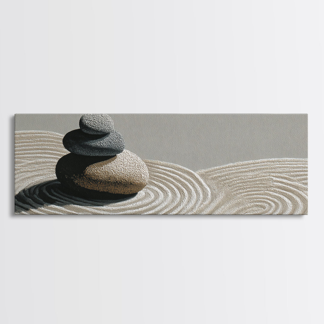 Raked Sand Zen Stones Wall Art, Minimalist Canvas Print, Japandi Spa Decor, Neutral Wabi Sabi Calming Meditation Room Decor