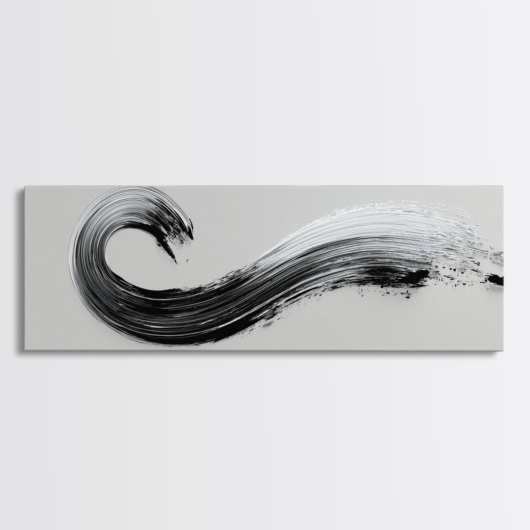 Black Ink Wave Canvas Print, Minimalist Wall Art, Japanese Sumi Painting, Abstract Line Art, Neutral Decor, Zen Office Poster